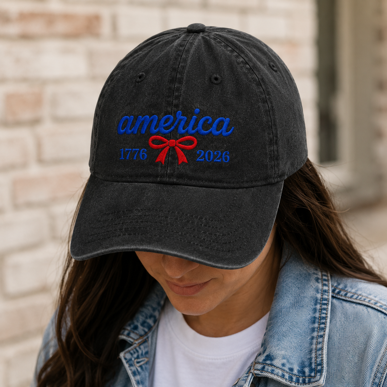 America 1776 2026 Washed Cap, Red Bow Patriotic Dad Hat for 250th Birthday - washed cap - lifestyle view 6