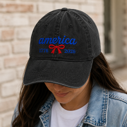 America 1776 2026 Washed Cap, Red Bow Patriotic Dad Hat for 250th Birthday - washed cap - lifestyle view 6