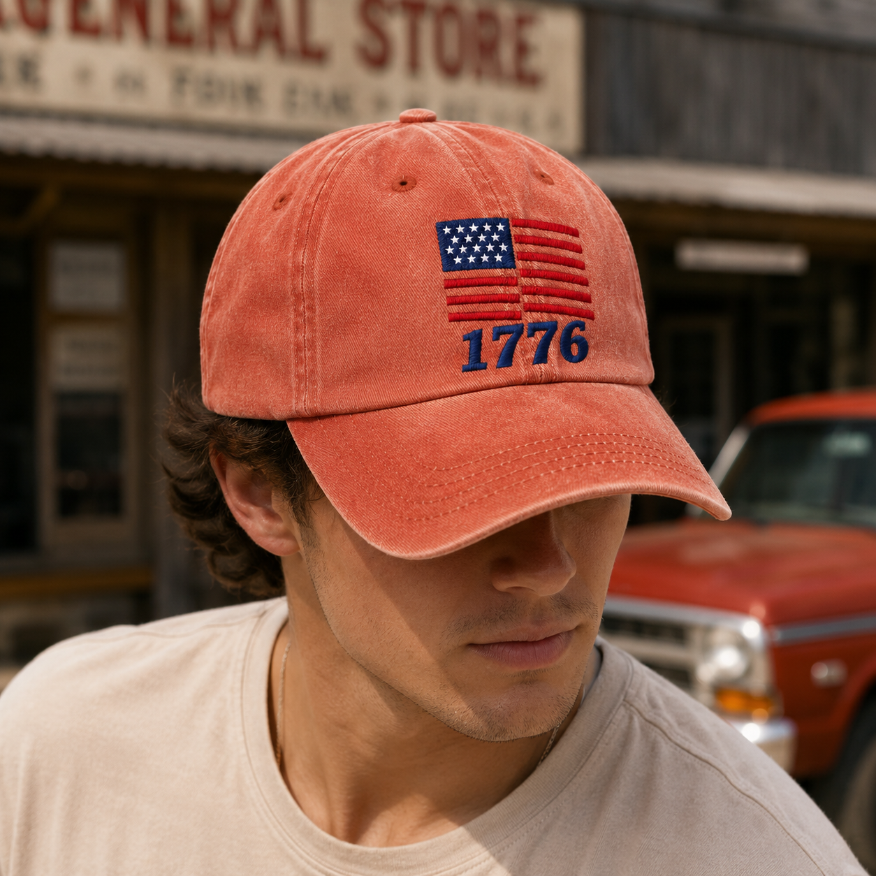 American Flag 1776 Washed Cap, Patriotic Embroidered Dad Hat - washed cap - detail view
