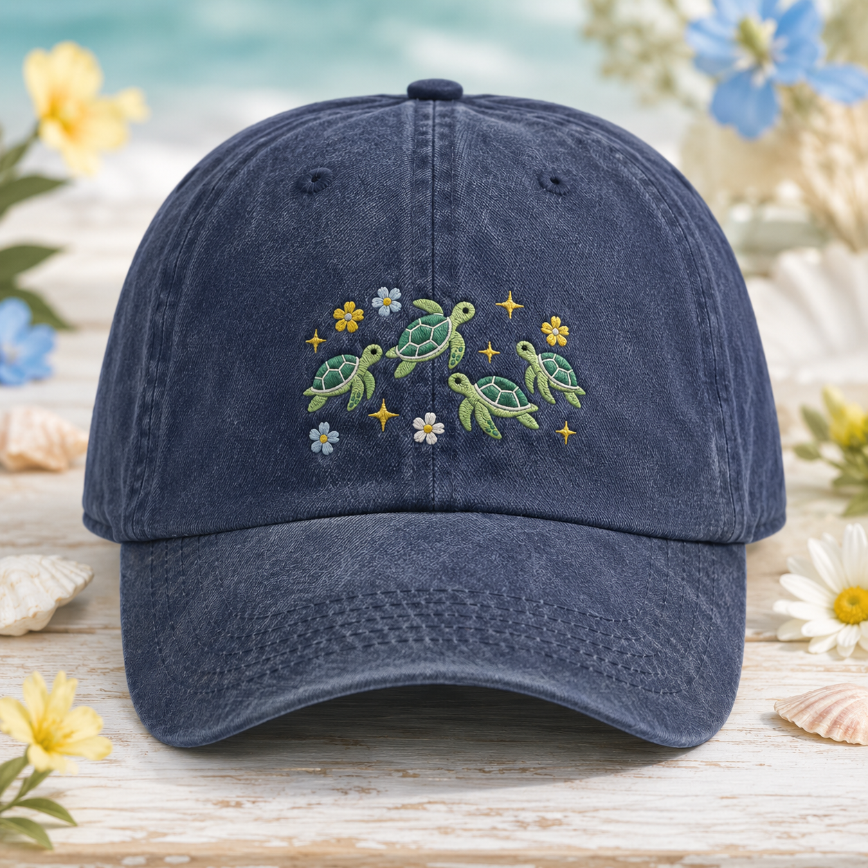 Sea Turtle Embroidered Washed Cap, Coastal Floral Dad Hat - Washed Cap - front view