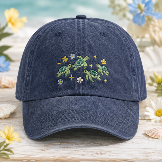 Sea Turtle Embroidered Washed Cap, Coastal Floral Dad Hat - Washed Cap - front view