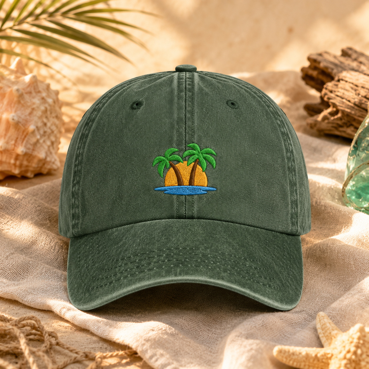 Tropical Island Washed Cap, Embroidered Palm Tree Beach Hat - Washed Cap - lifestyle view 2