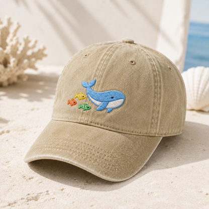 Whale and Fish Embroidered Washed Cap, Ocean Animal Dad Hat - Washed Cap - detail view