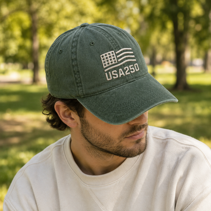 USA250 Patriotic Flag Washed Cap, 250th America Birthday Hat - washed cap - lifestyle view 5
