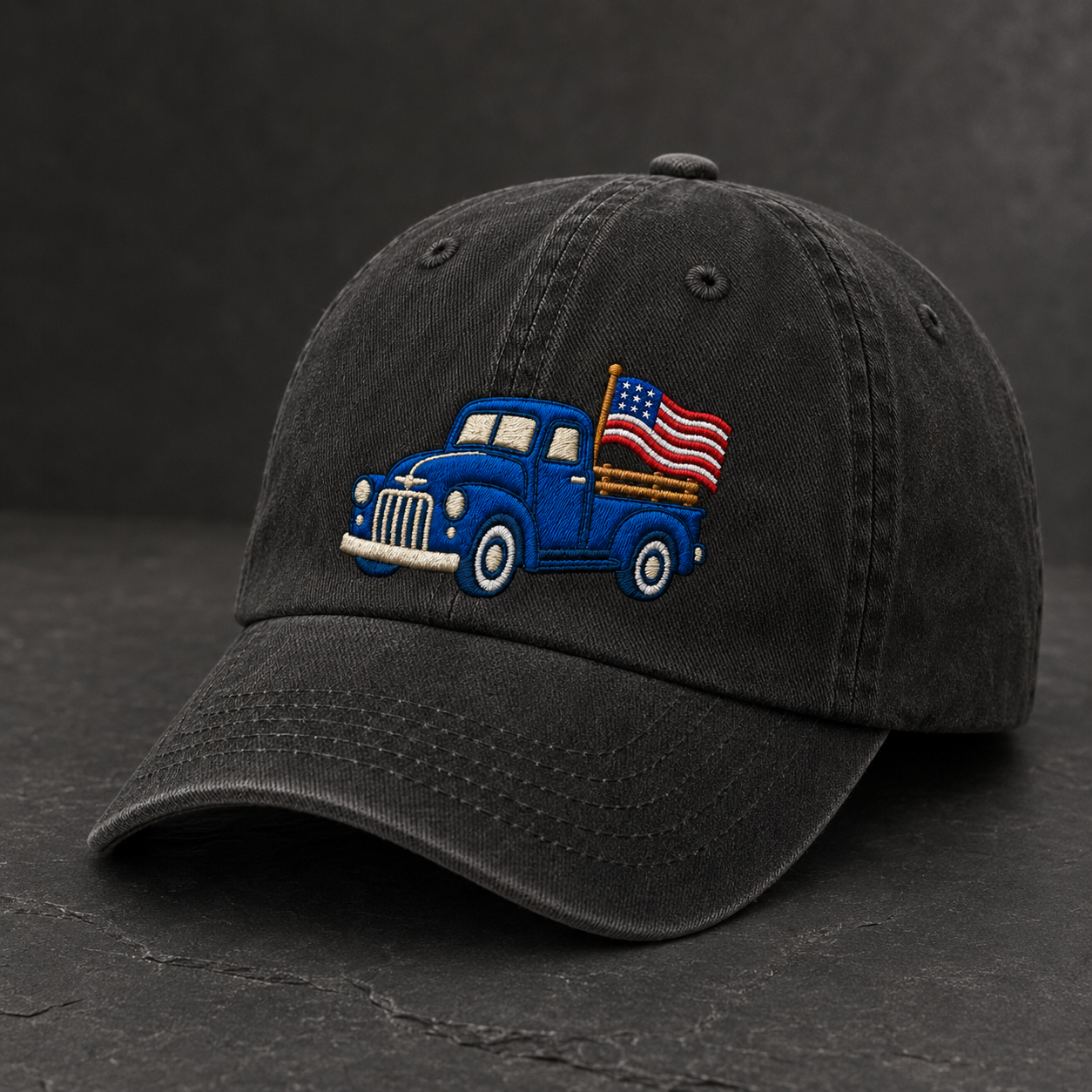 Blue Pickup Truck American Flag Washed Cap, Rustic July Fourth Dad Gift - washed cap - lifestyle view 3