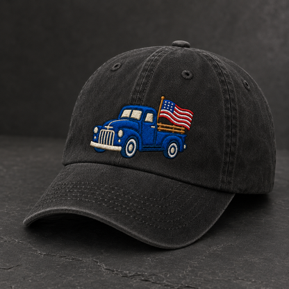 Blue Pickup Truck American Flag Washed Cap, Rustic July Fourth Dad Gift - washed cap - lifestyle view 3