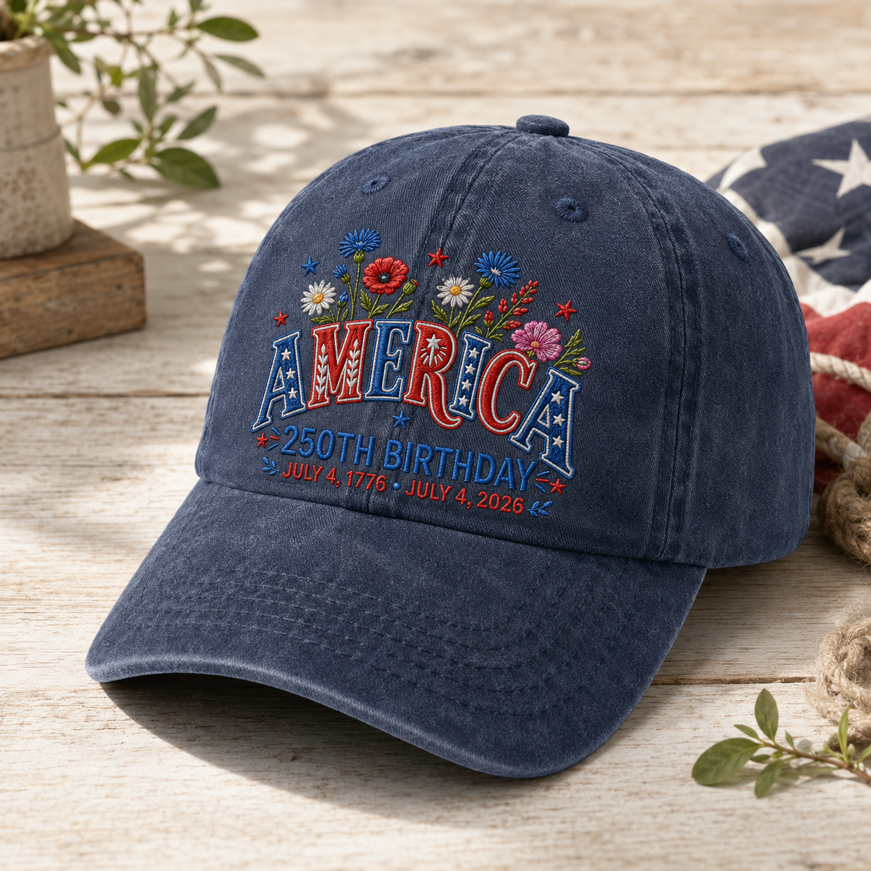America 250th Birthday Washed Cap, Patriotic USA July 4 2026 Gift - washed cap - lifestyle view 2
