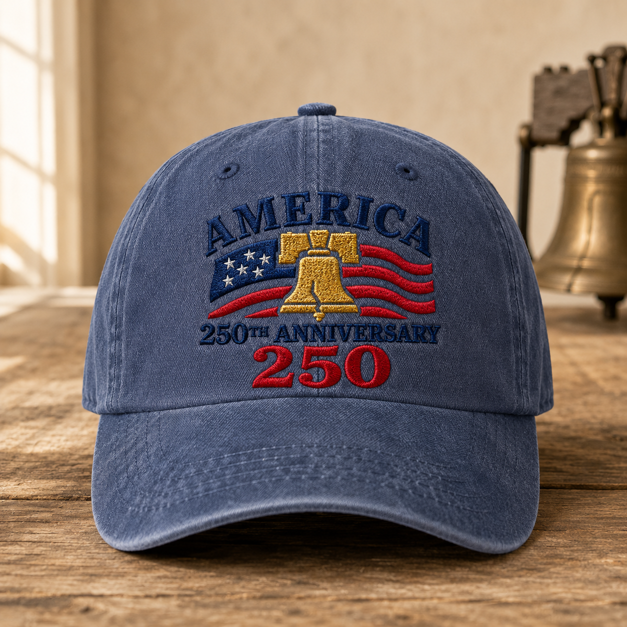 America 250th Anniversary Washed Cap, Patriotic Liberty Bell USA Flag Hat - washed cap - front view