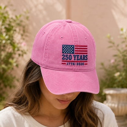 250 Years 1776-2026 USA Flag Washed Cap, America 250th Birthday Hat - washed cap - lifestyle view 7