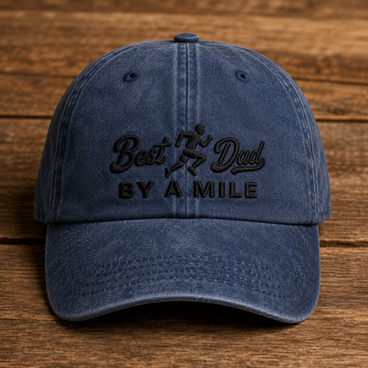 Best Dad By A Mile Washed Cap, Running Father Gift Hat - Washed Cap - front view