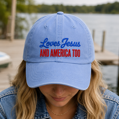 Loves Jesus And America Too Washed Cap, Patriotic Christian Hat Gift - washed cap - lifestyle view 9