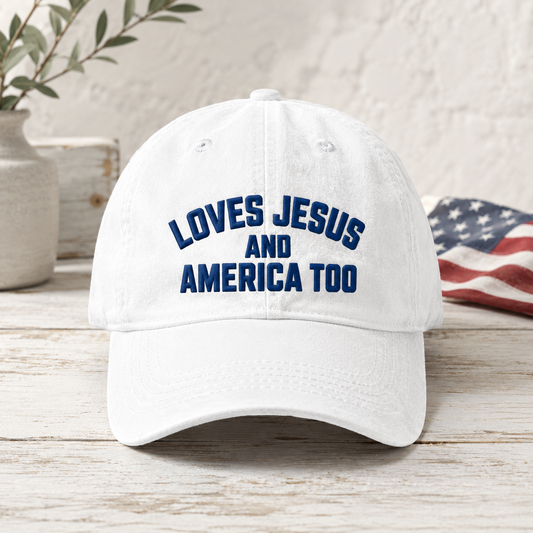 Loves Jesus and America Too Washed Cap, Patriotic Christian Dad Hat - Washed Cap - front view