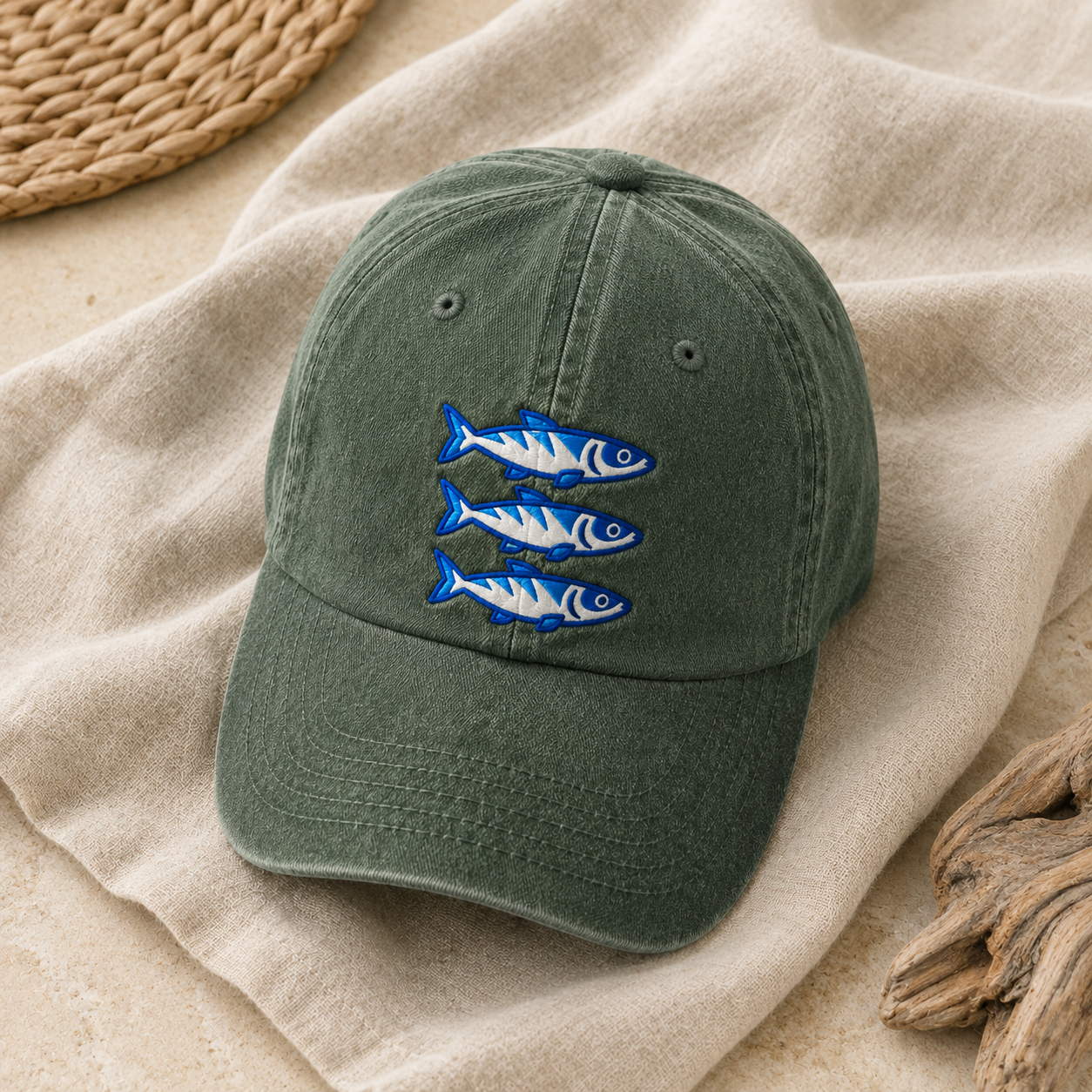 Three Blue Sardines Washed Cap, Embroidered Fish Hat for Seafood Lovers - Washed Cap - lifestyle view 4