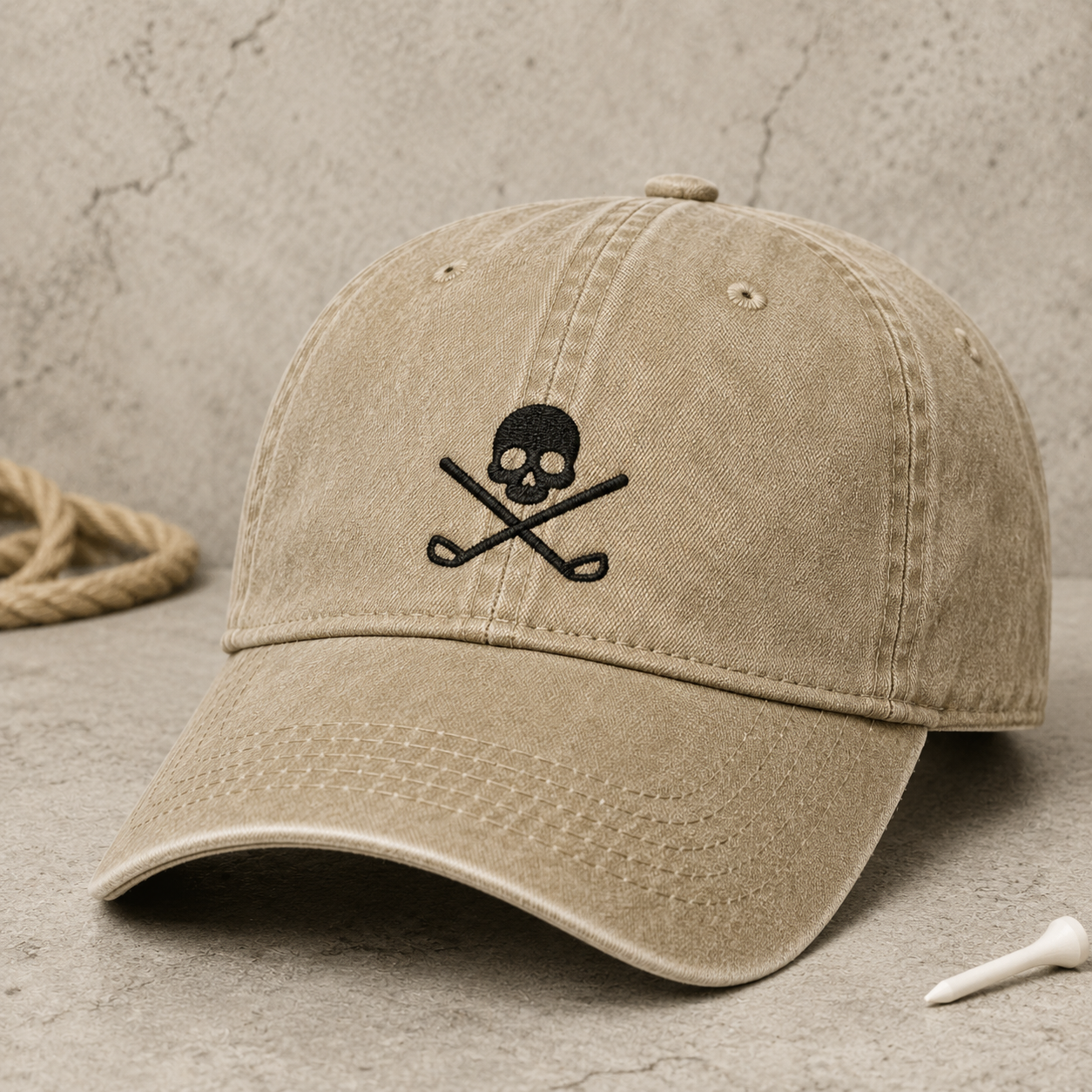 Skull Golf Washed Cap, Crossed Clubs Hat for Golfers - Washed Cap - detail view