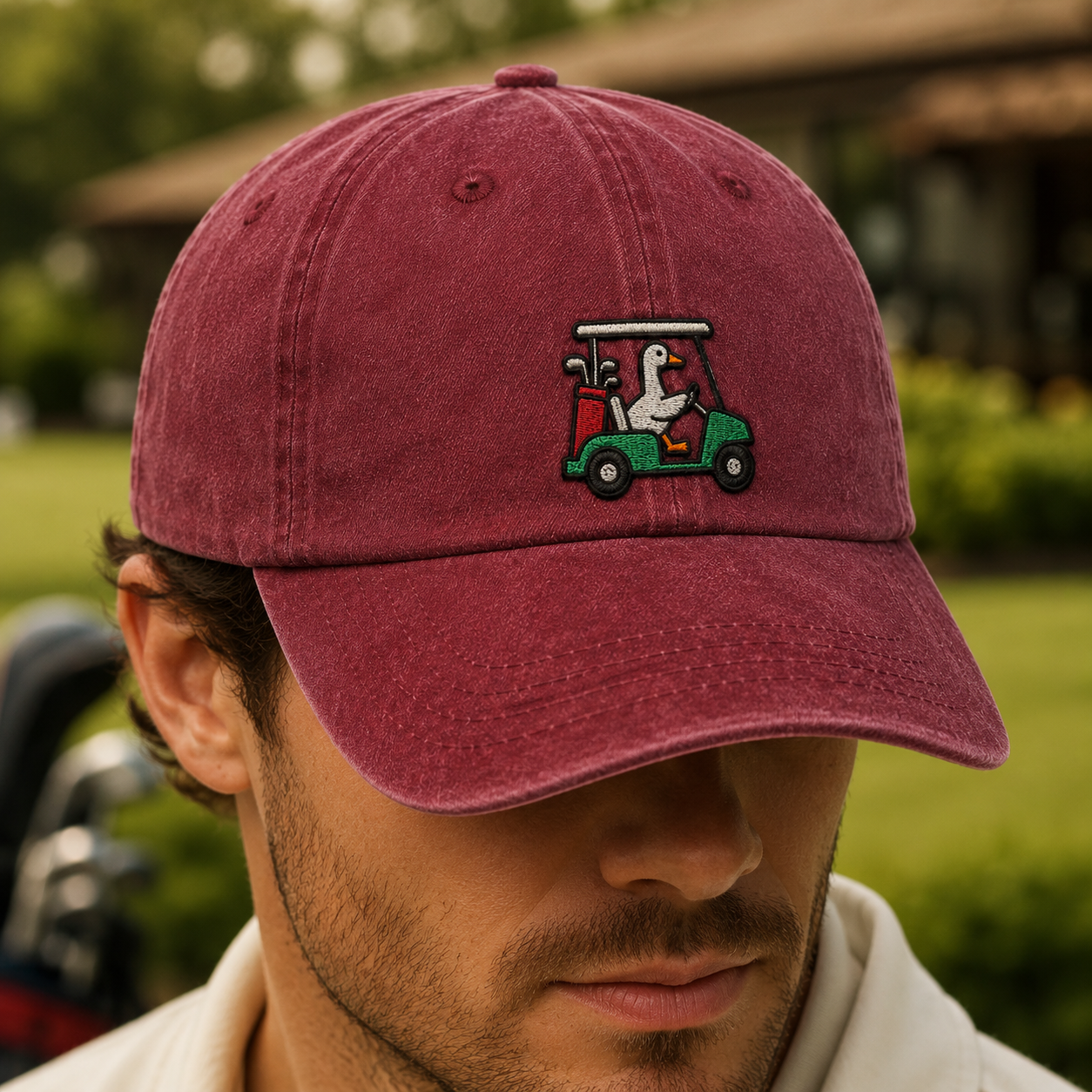 Goose Driving Golf Cart Hat, Funny Golf Dad Cap - Washed Cap - lifestyle view 3