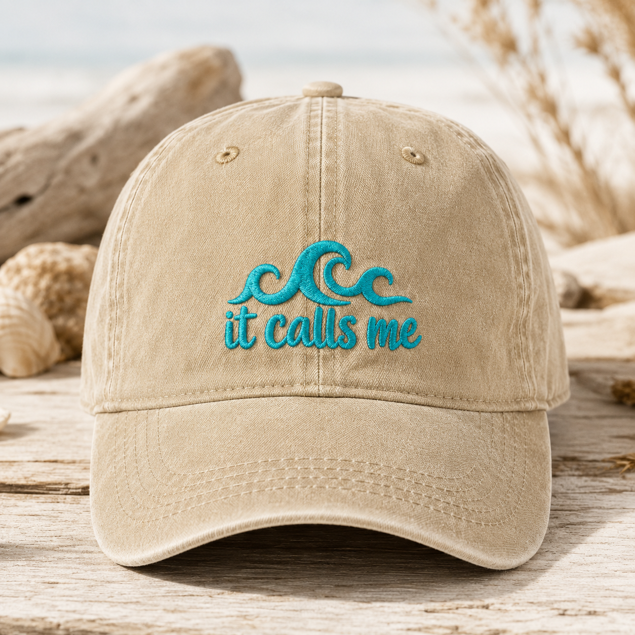 it calls me Wave Washed Cap, Coastal Vacation Embroidered Hat - Washed Cap - detail view