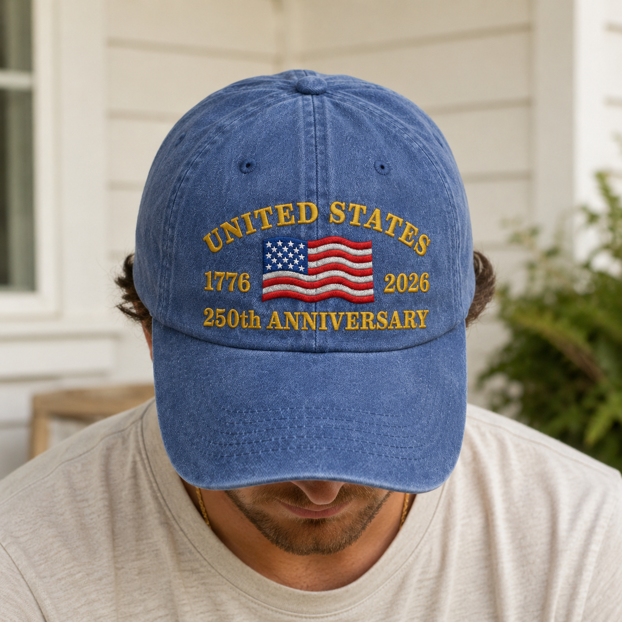 United States 250th Anniversary Washed Cap, 1776 2026 Embroidered Flag Hat - washed cap - lifestyle view 8