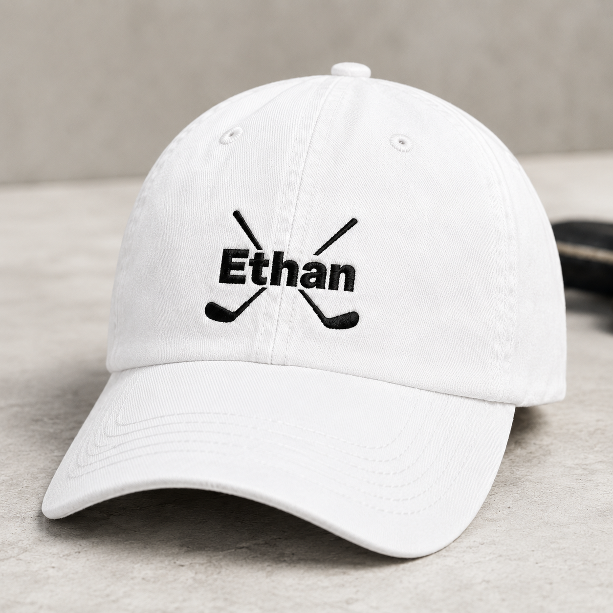 Ethan Crossed Hockey Washed Cap, Embroidered Name Dad Hat for Ice Rink Fans - Washed Cap - detail view