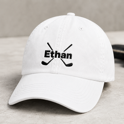 Ethan Crossed Hockey Washed Cap, Embroidered Name Dad Hat for Ice Rink Fans - Washed Cap - detail view