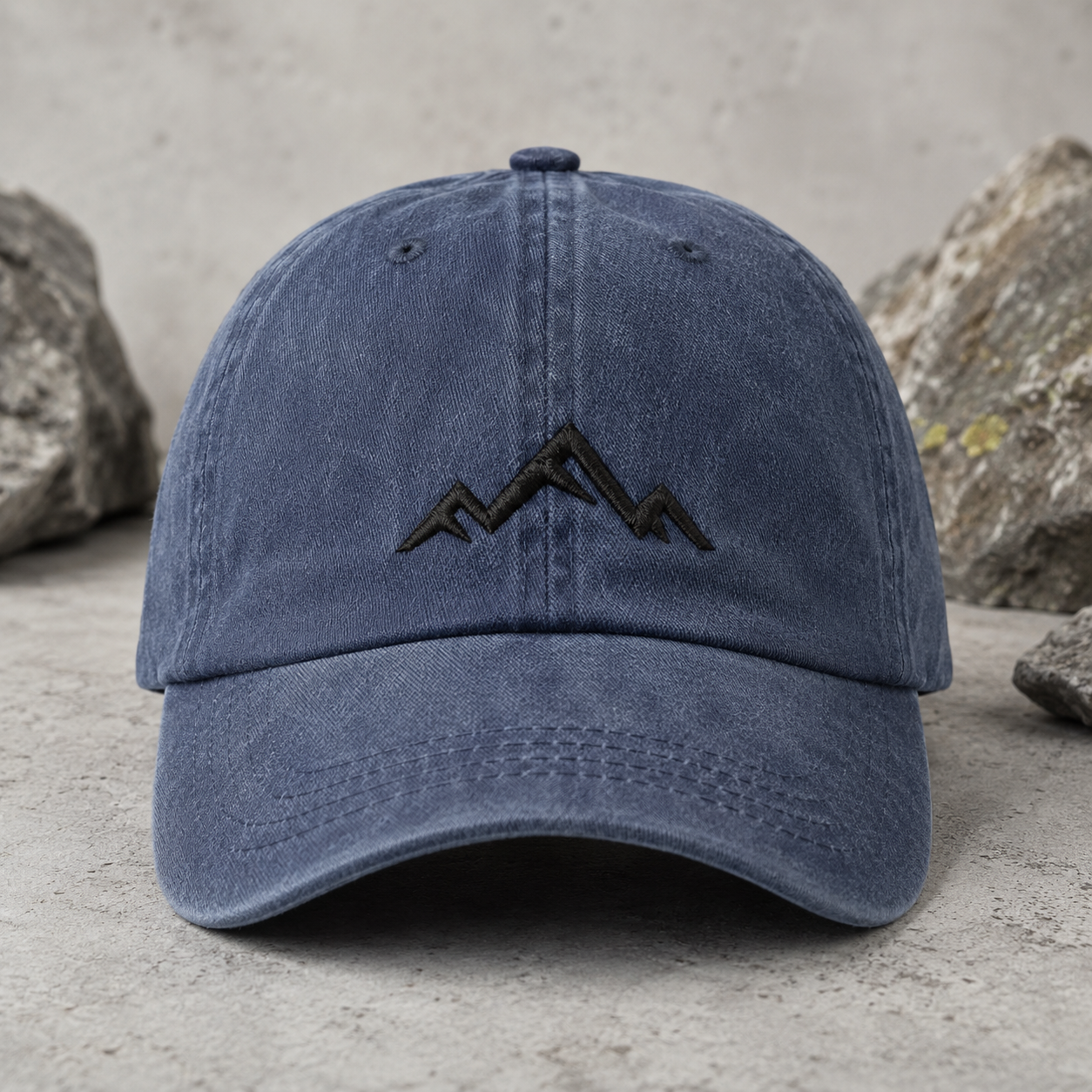 Minimalist Mountain Washed Cap, Black Embroidered Peak Hiking Hat - Washed Cap - front view