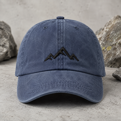 Minimalist Mountain Washed Cap, Black Embroidered Peak Hiking Hat - Washed Cap - front view