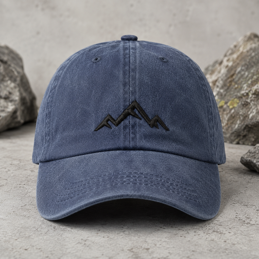 Minimalist Mountain Washed Cap, Black Embroidered Peak Hiking Hat - Washed Cap - front view