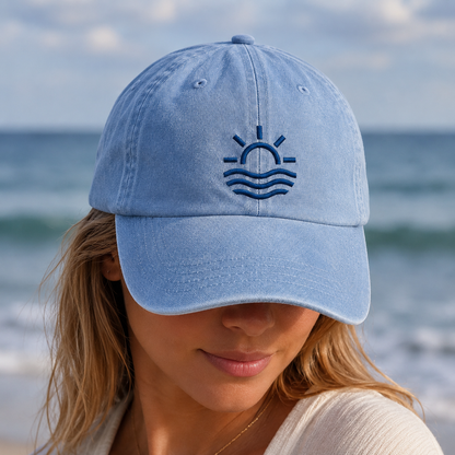 Minimalist Sun and Waves Washed Cap, Beach Hat for Summer - Washed Cap - lifestyle view 3
