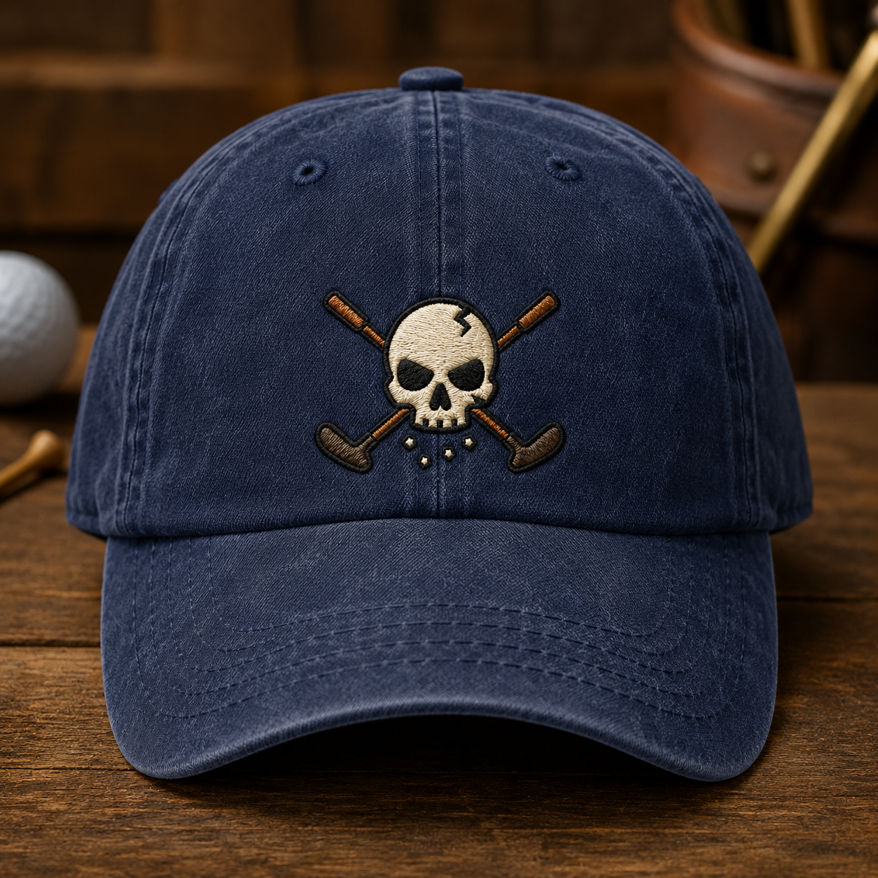 Skull Golf Clubs Washed Cap, Pirate Golfer Hat, Golf Lover Gift - Washed Cap - front view