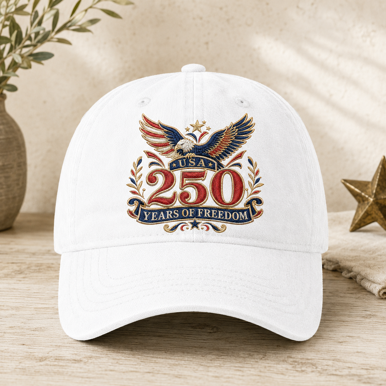 USA 250 Years of Freedom Washed Cap, Patriotic Eagle Anniversary Hat - washed cap - front view