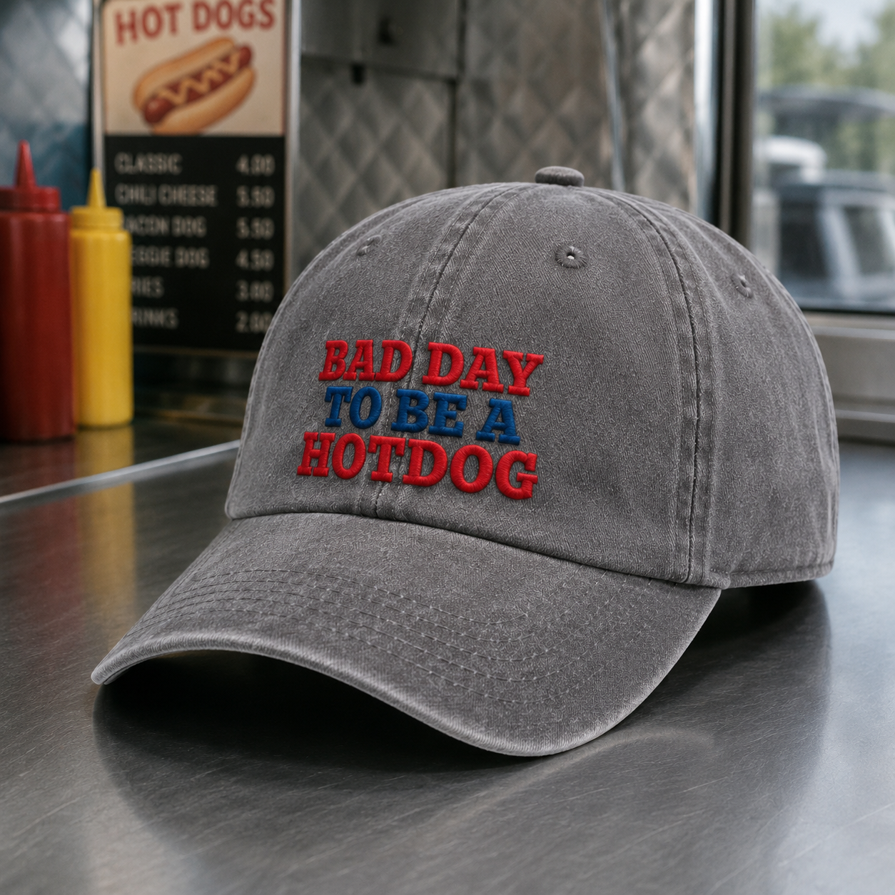 Bad Day To Be A Hotdog Washed Cap, Funny Cookout Hat for Bbq Fans - washed cap - lifestyle view 4