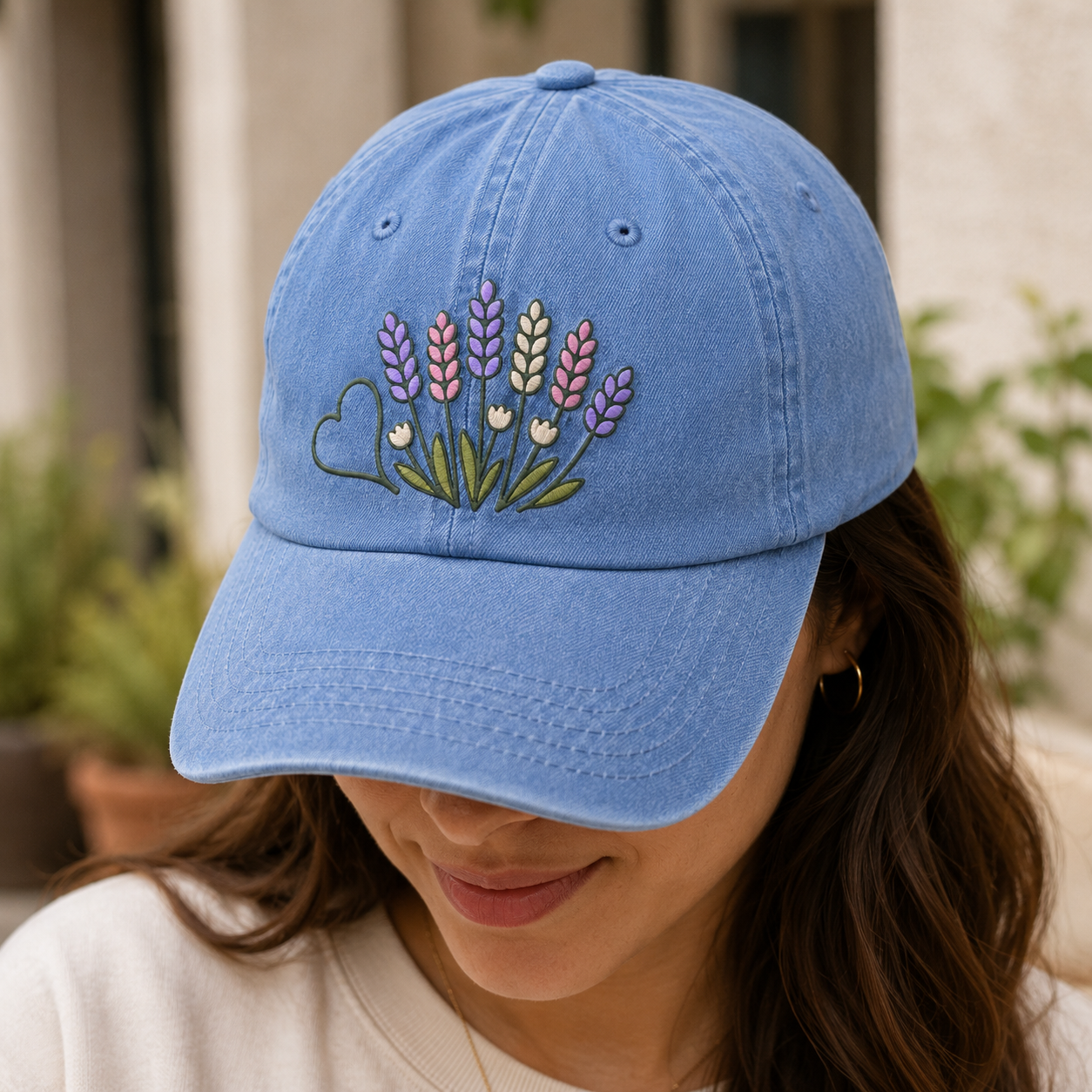 Lavender Wildflower Washed Cap, Embroidered Floral Hat for Garden Lovers - washed cap - lifestyle view 9