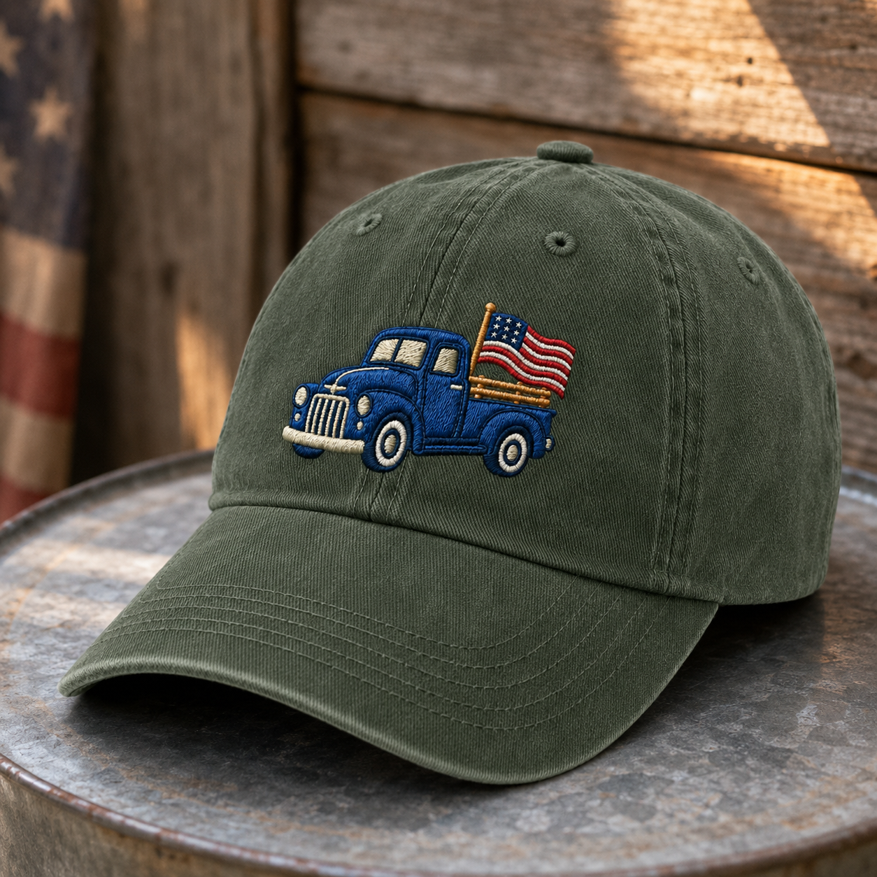 Blue Pickup Truck American Flag Washed Cap, Rustic July Fourth Dad Gift - washed cap - lifestyle view 5