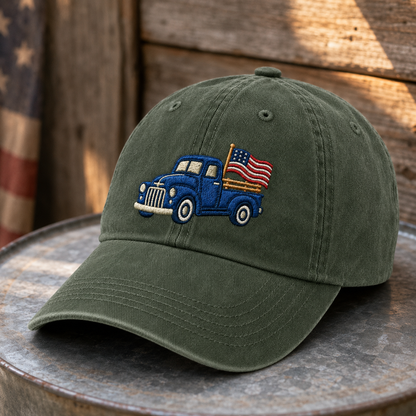 Blue Pickup Truck American Flag Washed Cap, Rustic July Fourth Dad Gift - washed cap - lifestyle view 5