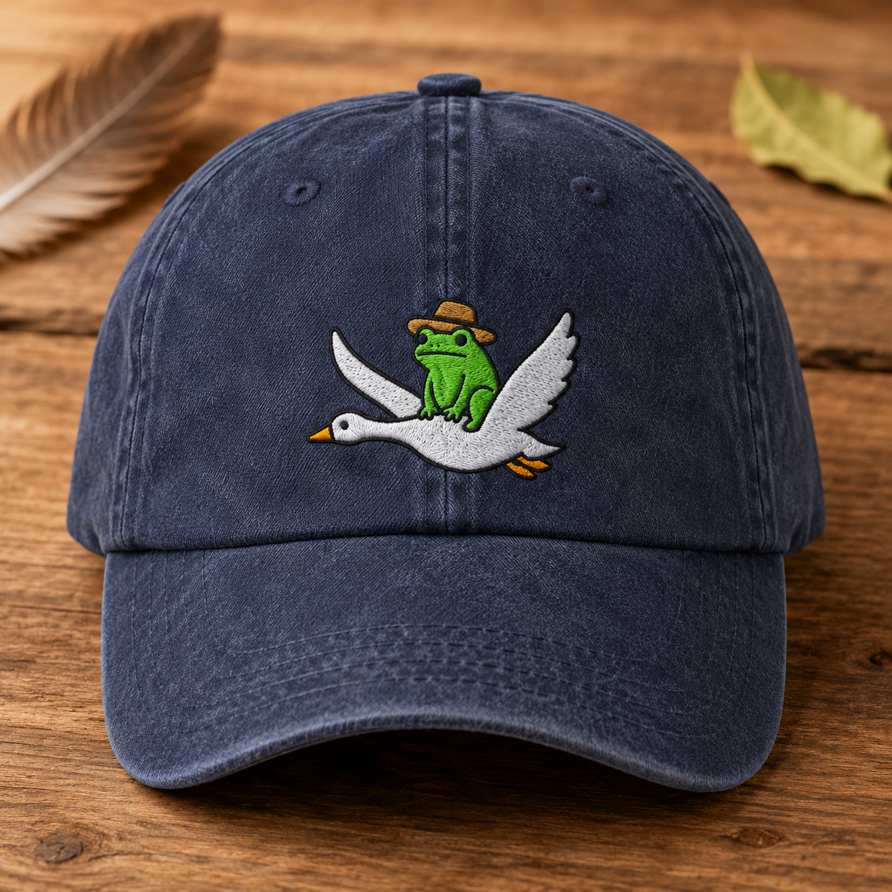 Frog Riding Goose Washed Cap, Embroidered Dad Hat for Bird and Toad Fans - Washed Cap - front view