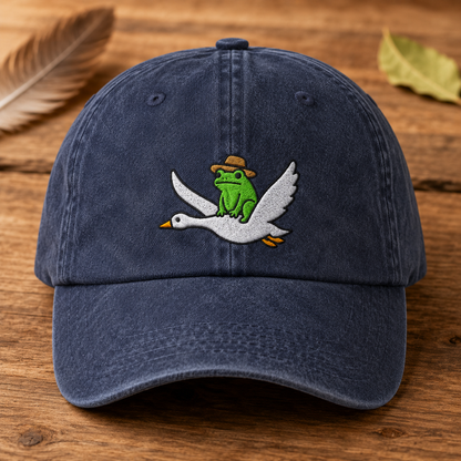 Frog Riding Goose Washed Cap, Embroidered Dad Hat for Bird and Toad Fans - Washed Cap - front view