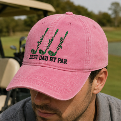 Best Dad By Par Golf Cap Personalized Kids Names Hat - Washed Cap - lifestyle view 4