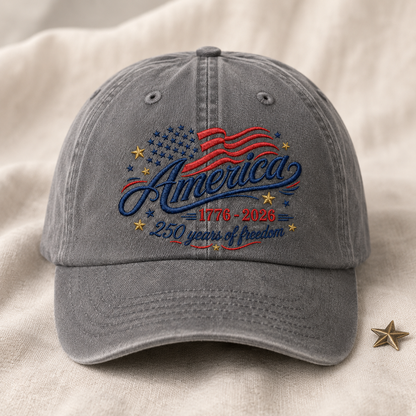 America 1776-2026 250 Years of Freedom Washed Cap, Patriotic USA Anniversary Hat - washed cap - lifestyle view 3