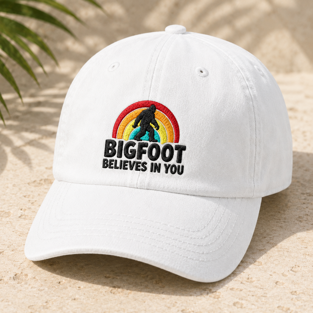 Bigfoot Believes in You Washed Cap, Rainbow Sasquatch Embroidered Dad Hat - Washed Cap - detail view