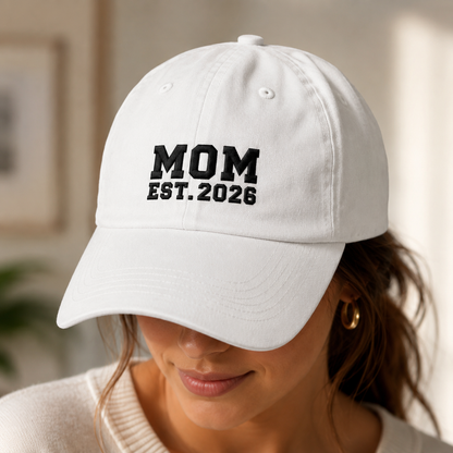 Mom Est. 2026 Washed Cap, New Mom Embroidered Hat, Pregnancy Announcement Gift - Washed Cap - lifestyle view 3