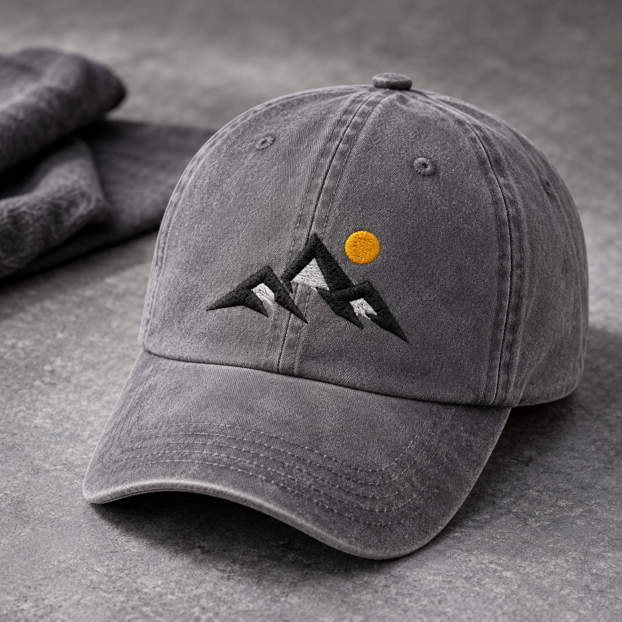 Mountain Sunset Washed Cap, Embroidered Hiking Hat for Outdoor Adventure Lovers - Washed Cap - lifestyle view 3