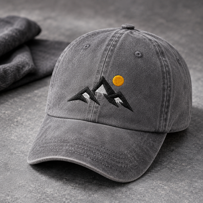 Mountain Sunset Washed Cap, Embroidered Hiking Hat for Outdoor Adventure Lovers - Washed Cap - lifestyle view 3