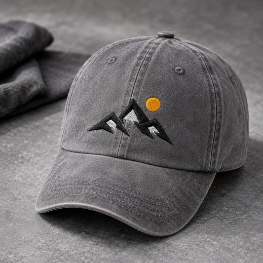 Mountain Sunset Washed Cap, Embroidered Hiking Hat for Outdoor Adventure Lovers - Washed Cap - lifestyle view 3