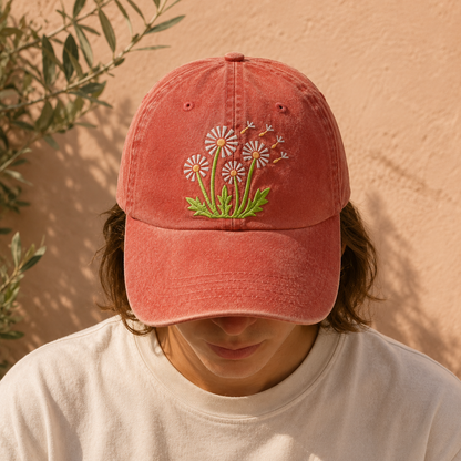 Dandelion Embroidered Washed Cap, Floral Daisy Baseball Hat for Garden Lovers - washed cap - lifestyle view 8
