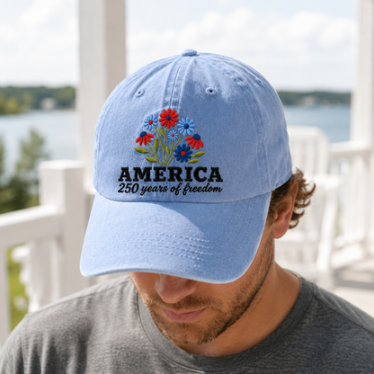 America 250 Years of Freedom Washed Cap, Patriotic Floral Hat for 4th of July - washed cap - lifestyle view 9