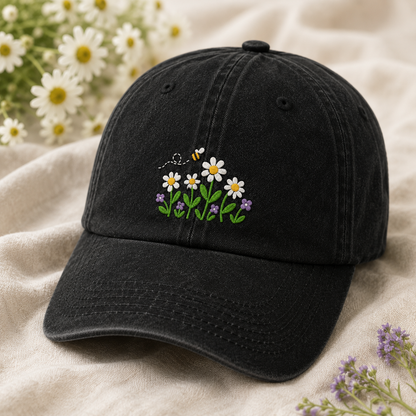 Daisy Bee Embroidered Washed Cap, Botanical Baseball Hat for Garden Lovers - Washed Cap - lifestyle view 2