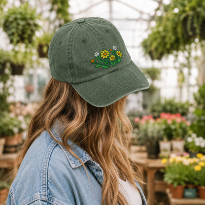 Daisy Wildflower Embroidered Washed Cap, Botanical Garden Gift - washed cap - lifestyle view 7