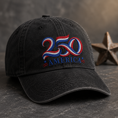 250 America Washed Cap, Patriotic 250th Anniversary USA Hat - washed cap - detail view