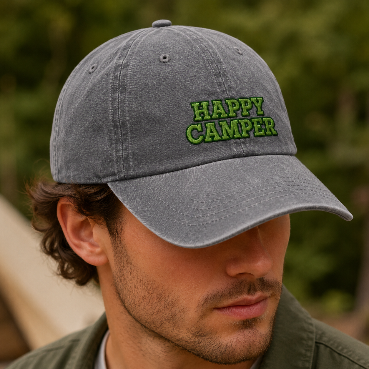 Happy Camper Washed Cap, Green Embroidered Camping Hat for Outdoor Lovers - Washed Cap - lifestyle view 6