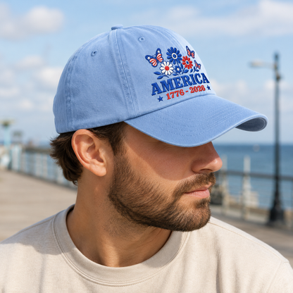 America 1776-2026 Floral Washed Cap, Patriotic Butterfly Headwear - washed cap - lifestyle view 7