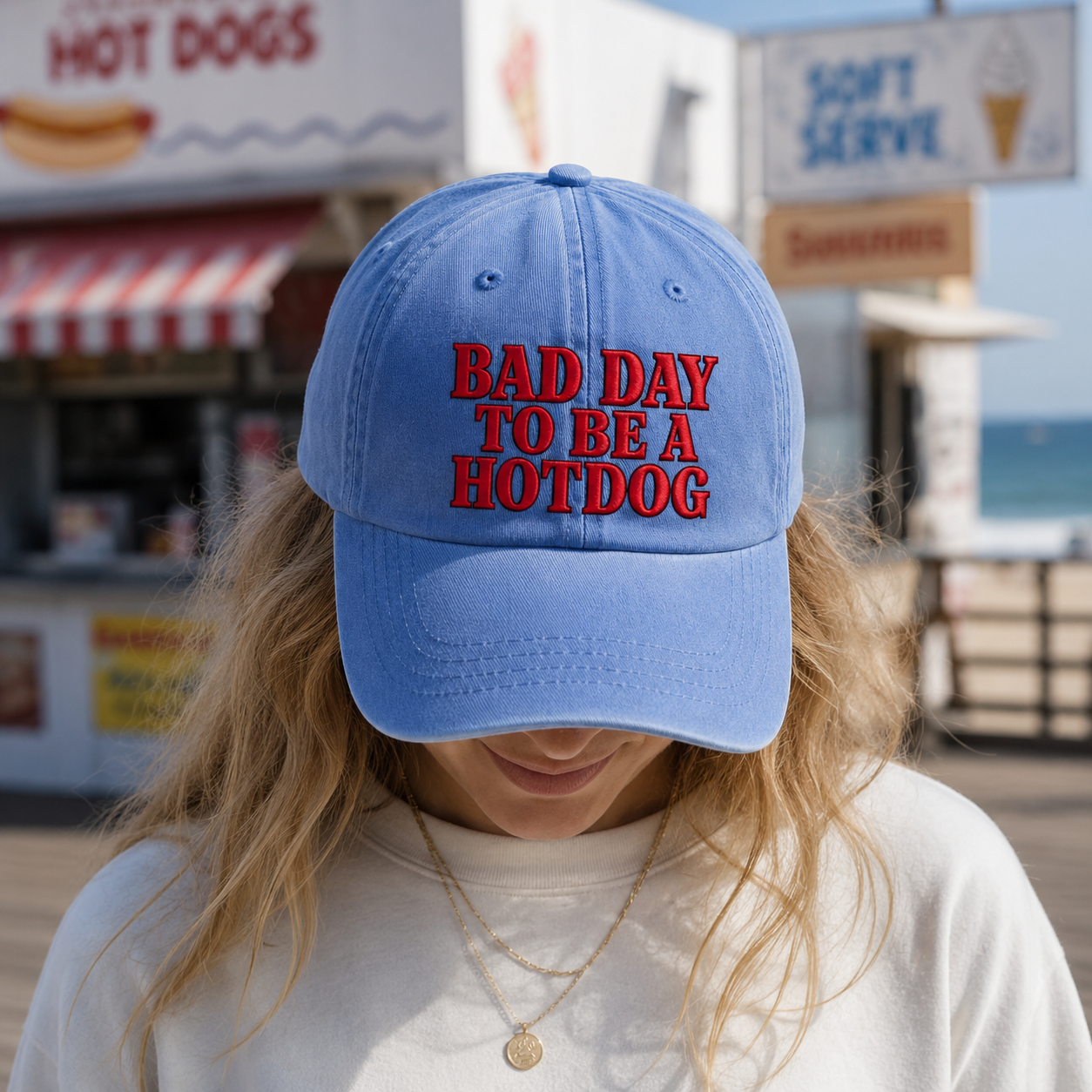 Bad Day to Be a Hotdog Washed Cap, Funny Hot Dog Quote Hat for Bbq Cookouts - washed cap - lifestyle view 9